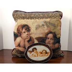 Vintage Cherub Angel Tapestry Throw Pillow & Mini Wall Hanging Set Renaissance